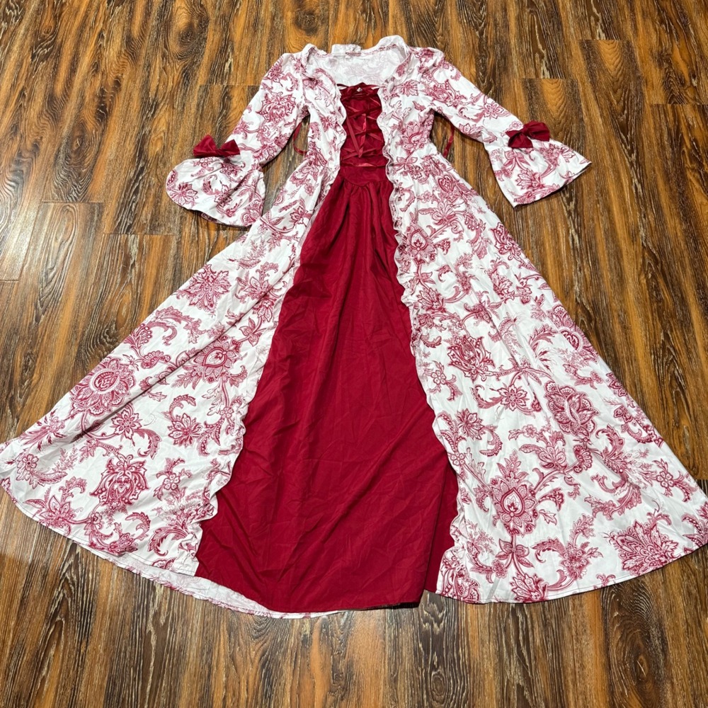 Size S Womens Renaissance Dress Womens Red White Damask Lace Up Bell Maxi